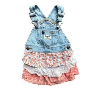 Vtg OshKosh B’gosh Baby Dress • 12M •‎ Denim Overall Top w/ Tiered Floral Eyelet